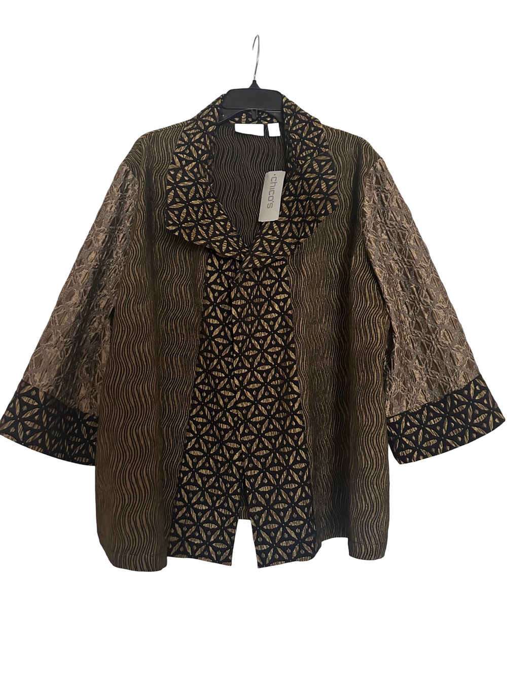 NWT Chico's "Nouveau Vintage" Olive Green & Gold Patterned Open NARIAH Jacket